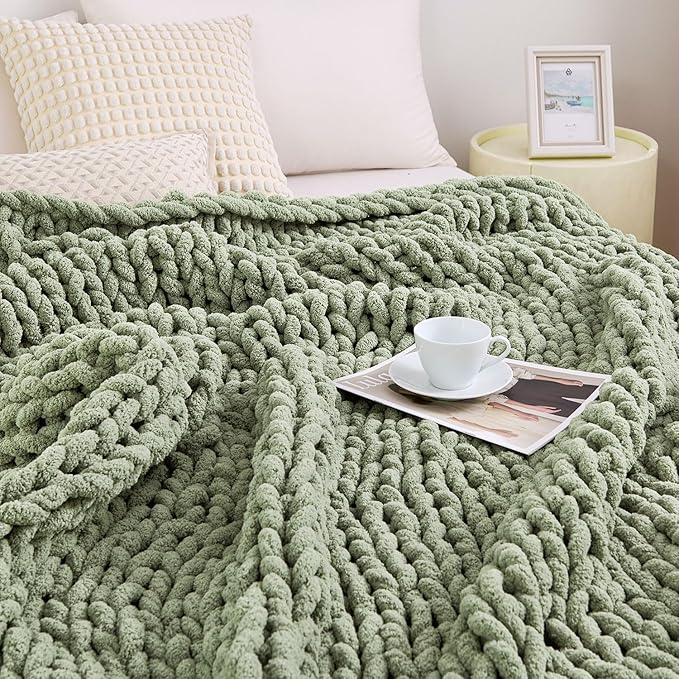 Chunky Knit Blanket Throw for Couch, 60"x80" Chunky Yarn Knitted Blankets | 100% Hand Knit Thick Chenille, Soft Breathable for Bed, Sofa, Home Decor, Cozy Gifts for Women Friends, Sage Green