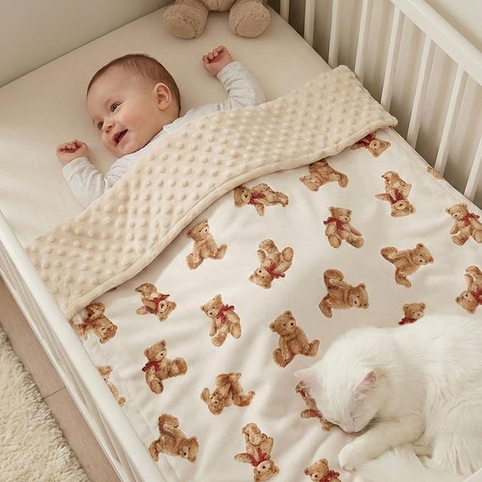 Bear Minky Baby Blanket, Ultra Soft Cozy Nursery Blanket for Unisex Boys Girls, Fluffy Toddler Infant Newborn Warm Nursery Bed Blankets for Crib Stroller or Carseat, 30”×40”, Beige