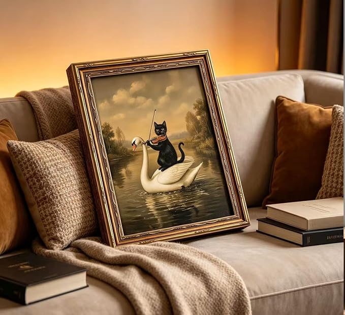 Vintage Gold Framed Black Cat Wall Art,Dark Academia Swan Painting Canvas Print,Moody Cottagecore Cute Animal Wall Decor, Rustic Farmhouse Animal Poster Artwork for Living Room Bedroom Bathroom