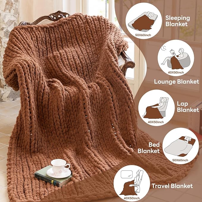 Chunky Knit Blanket - Luxury Soft Cozy 50 * 60 Throw Blanket,100% Woven Blanket Rope Knot Throw Blanket for Couch, Sofa, Home Decor, Gift - Machine Washable (Reddish-Brown, 50 * 60)