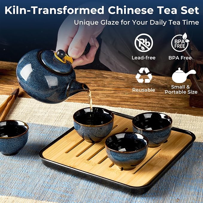 DUJUST Chinese Gongfu Tea Set, Kiln Altered Glaze Porcelain Tea Set with 1 Teapot, 4 Tea Cups & 1 Tea Tray, Portable Japanese Tea Sets with Storage Bag for Travel, Gifting, Outdoor, Dark Blue