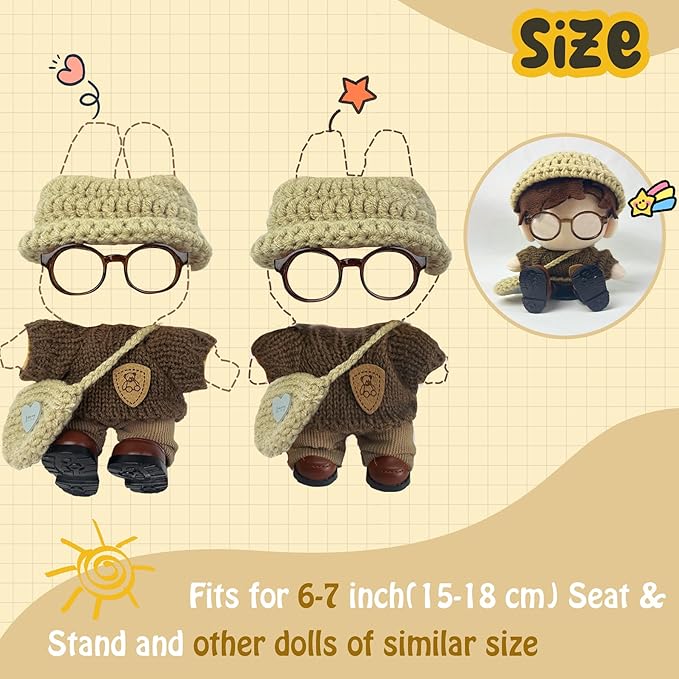 17cm Doll Clothes 6 PCs Accessories Outfits Brown Shoes Sweater Glasses Pants Hat Crochet Clothing Set for Keychain, No Doll(Brown)