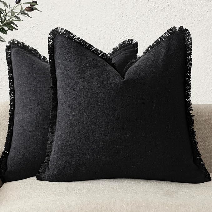Foindtower Set of 2 Decorative Linen Fringe Throw Pillow Covers Cozy Boho Farmhouse Cushion Cover with Tassels Soft Accent Pillowcase for Couch Chair Sofa Bed Living Room Home Decor,18×18 Inch,Black