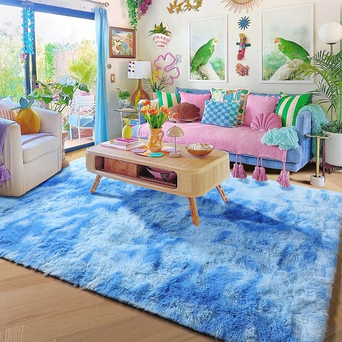 Amdrebio Tie-Dyed Light Blue Fluffy Area Rug 5x7 for Girls Kids Bedroom | Shag Fuzzy Soft Shaggy Carpet, Classroom Playroom Baby Nursery Toddler Room Decor, Coastal Aesthetic Ocean Beach Sky, Kawaii