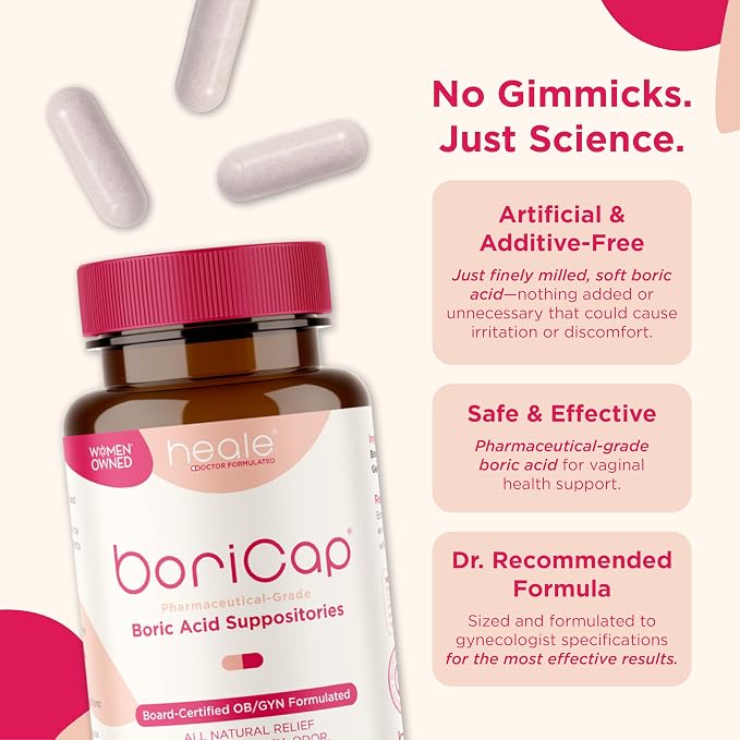BoriCap Heale 600mg Boric Acid Suppositories | for Vaginal Odor | 60 Count | Made in the USA