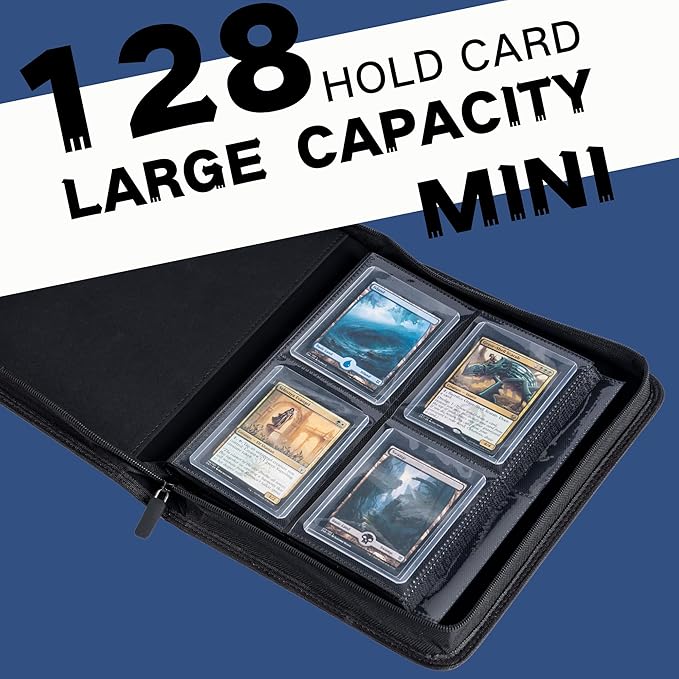 Top loader Binder, Holds 128+ Toploaders, 4 Pocket Top Loader Card Storage Case, Double-Sided Pockets for trading card in 3 x 4'' Toploaders（Navy Blue）