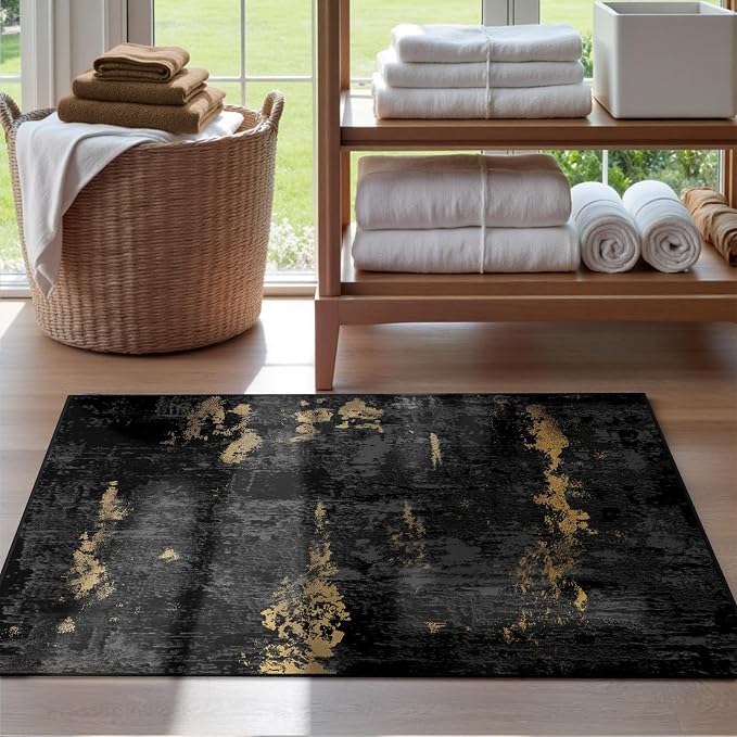 RELEANY Washable 2'x3' Abstract Area Rug for Living Room Black Gold | carpet for bedroom, kitchen, office, hallway and entryway, printed pattern, non-slip, soft, stain-resistant, easy to clean
