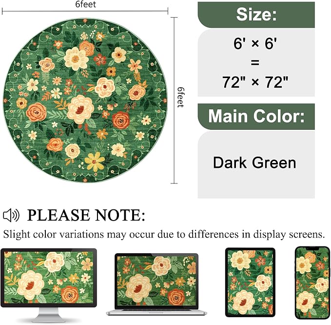 DUKINO 6ft Round Rug, Washable Circle Rug for Bedroom Non Slip, Dark Green | Low Pile, Stain Resistant Indoor Rug for Living Room, Dining Room, Kids Room, Office, Pet Friendly, Home Decor, Non-Shedding