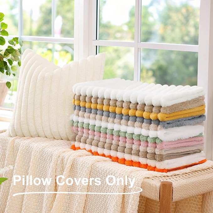 decorUhome Fall Faux Fur Throw Pillow Covers 20x20 Set of 2 Red | Decorative Soft Cozy Striped Plush Modern Farmhouse Boho Couch Pillow Cases Velvet Back for Sofa Bed Living Room Home Decor