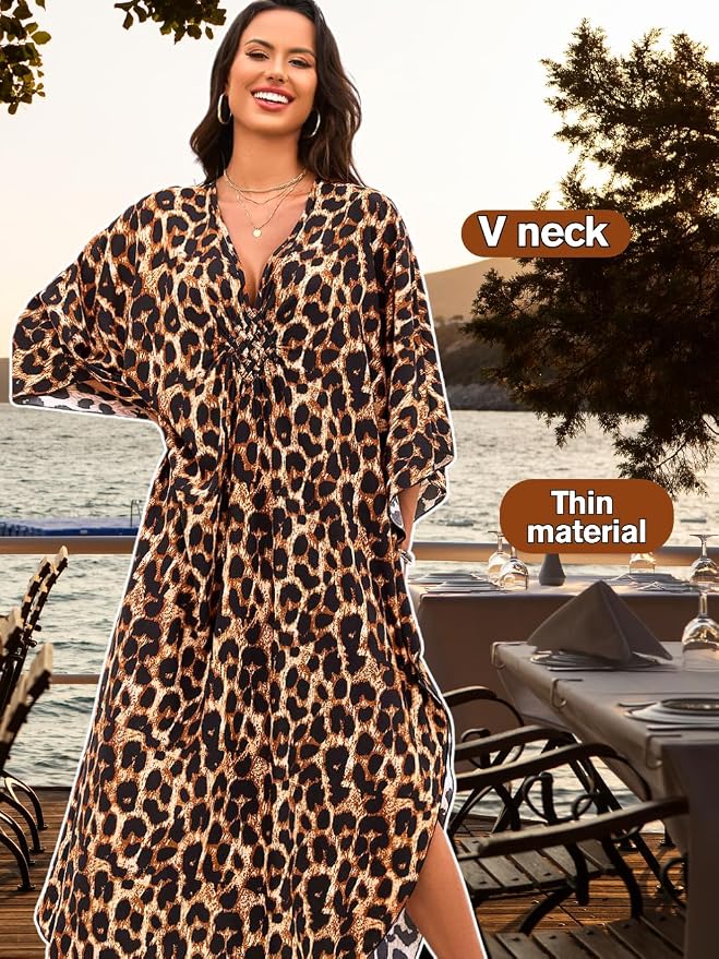 ChiaoLezhee Print Moo-Moos for Women, Kaftan Cover-Up Dresses, Sexy V-Neck High-Slit, Beach Pool-Party Coverups Muumuu Plus