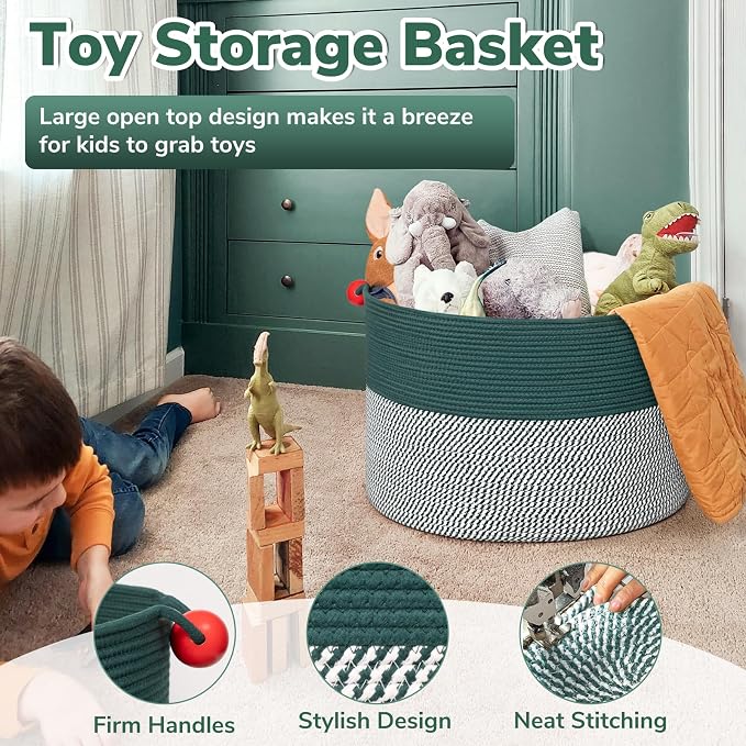Goodpick Large Storage Basket 22" x 14", Woven Baby Storage for Blanket Living Room, Laundry Organizer for Clothes, Toys, Christmas Basket for Gifts, Green