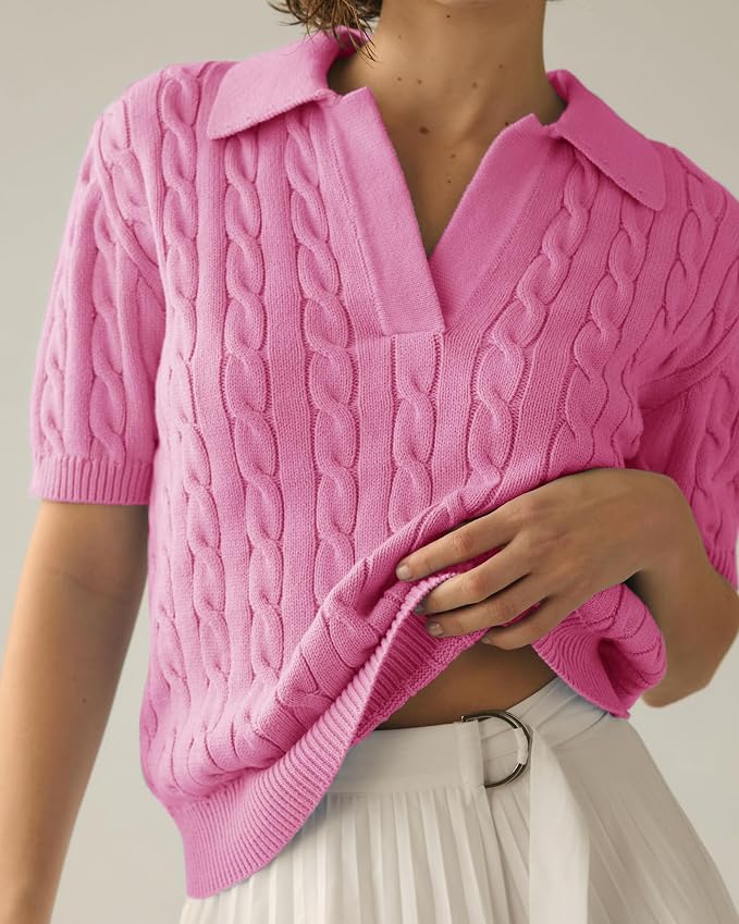 Imily Bela Womens Cable Short Sleeve Sweaters Tops Lapel V Neck Knit Shirt | Solid,Knit Casual,Soft Pullover,Fall Sweaters,Womens Summer Work Tops