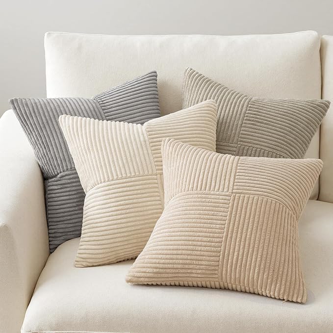 MIULEE Neutral Decorative Throw Pillow Covers 16x16 Inch Set of 4 for Livingroom Couch Sofa Modern Farmhouse Soft Corduroy Cushion Cases Striped Patchwork Home Decor (Cream,Grey)