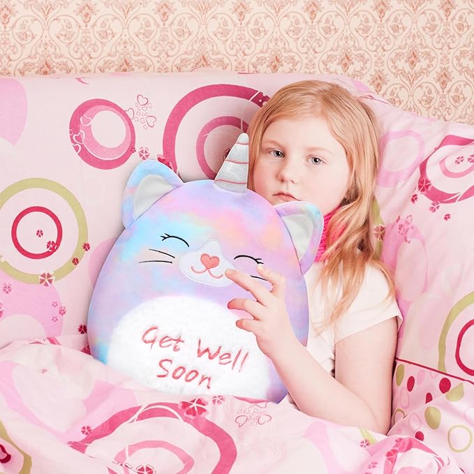 Easfan 13'' Get Well Soon Unicorn Cat Plush Pillow Soft Cute Stuffed Animal with Silver Horn Feel Better Gifts for Kids Patient Feel Better for Women
