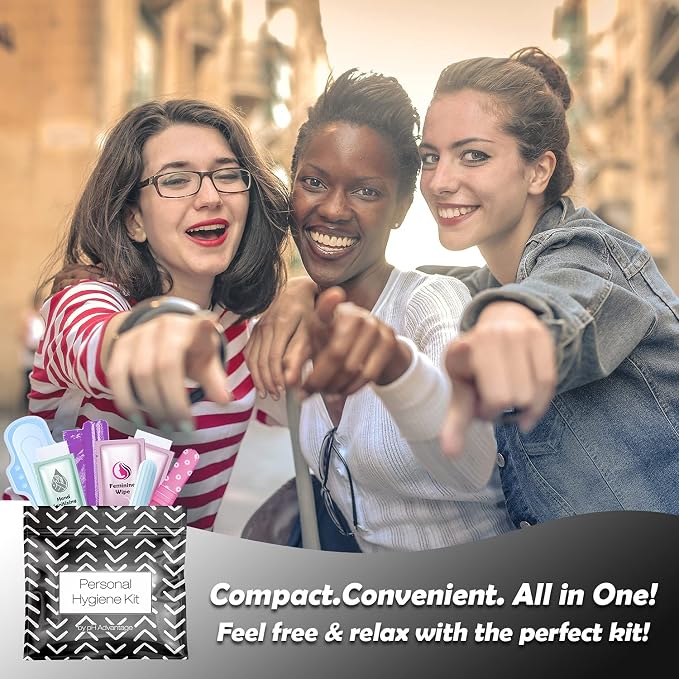 Menstrual Kit All-in-One | Convenience on The Go | Single Period Kit Pack for Travelling, Tweens & Teenagers | Individually Wrapped Feminine Hygiene Products (Black Treads)