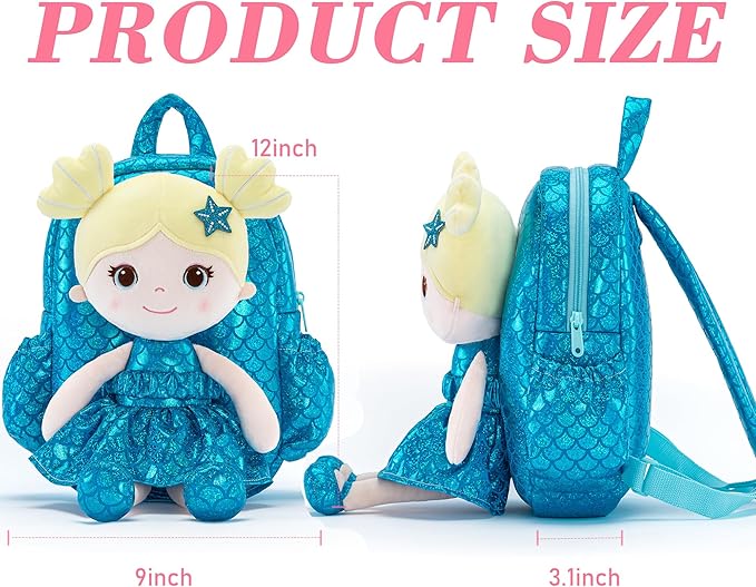 Lazada Toddler Backpack - Baby Girl Gifts Plush Doll Dress Backpack - Fashion Girls Tina Fish Scale Series - Blue 11Inches