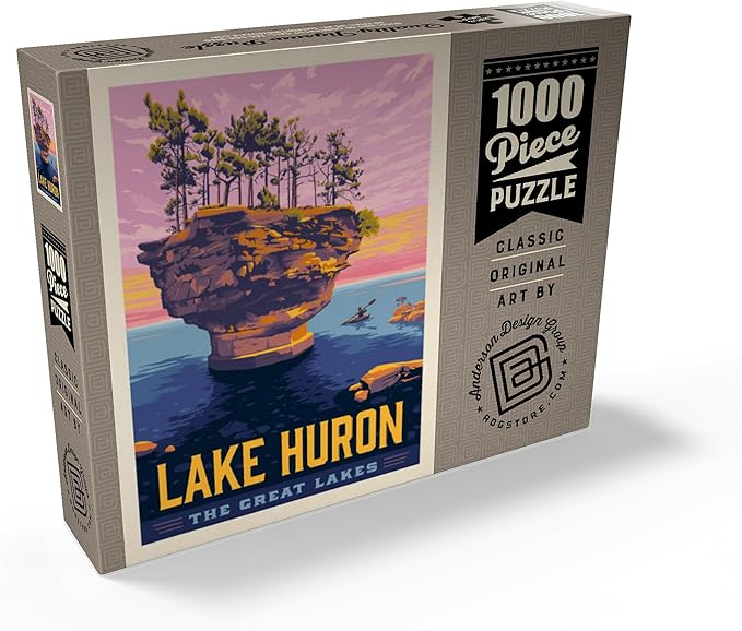 MyPuzzle Great Lakes: Lake Huron, Vintage Poster - Premium 1000 Piece Jigsaw Puzzle for Adults