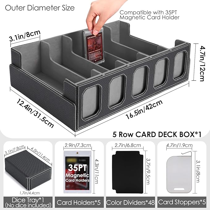 Trading Card Storage Box with Commander Display, 5-Row Deck Case with Removable Lid, 4000+ MTG Deck Box with 48 Colorful Divider, 5 Magnetic Card Holders, 5 Stoppers, Dice Tray(Black Grey)