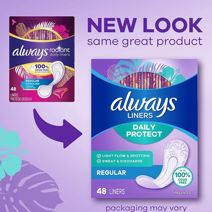 Always Radiant Pantiliners, Regular, Unscented, 48 Liners (Pack of 2)
