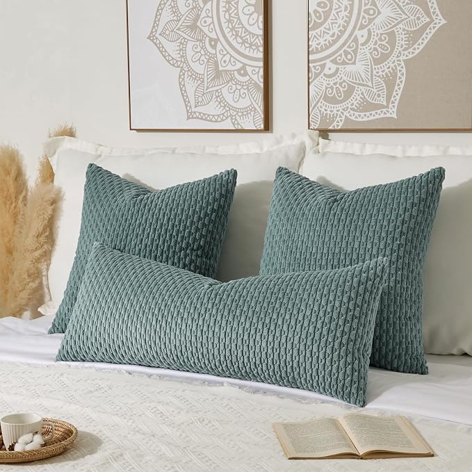 Kevin Textile Soft Corduroy 20"x54" Body Pillow Cover 1 Pack, Teal Green | Boho Stripe Plush Corduroy Decorative Oblong Cushion Cover Modern Farmhouse Home Decor for Sofa Couch Bed Chair