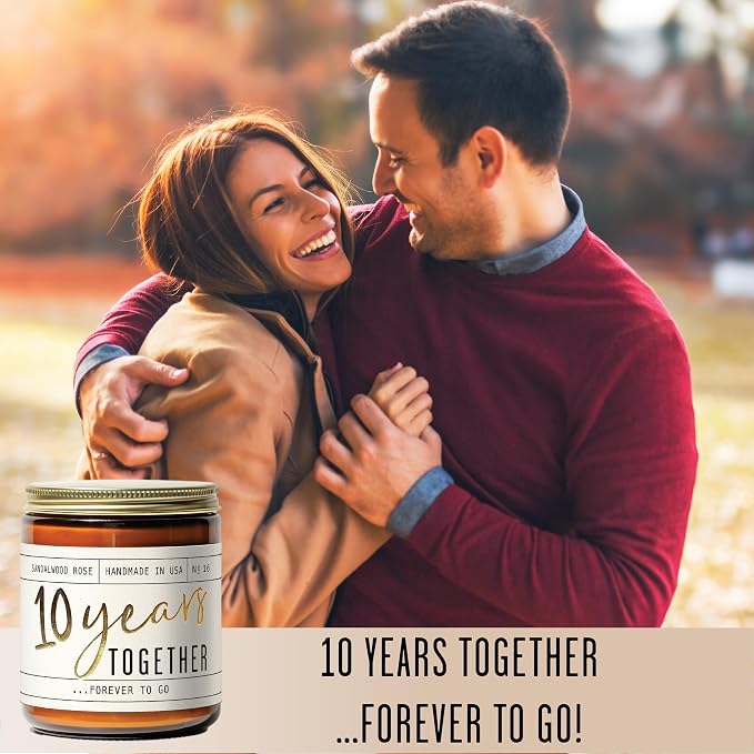 10 Year Gift for Anniversary for Wife - '10 Years Later' Soy Candle, w/Sandalwood Rose - Infused w/Essential Oils I 10th Anniversary Wedding Gift for Wife I 50Hr Burn I USA Made