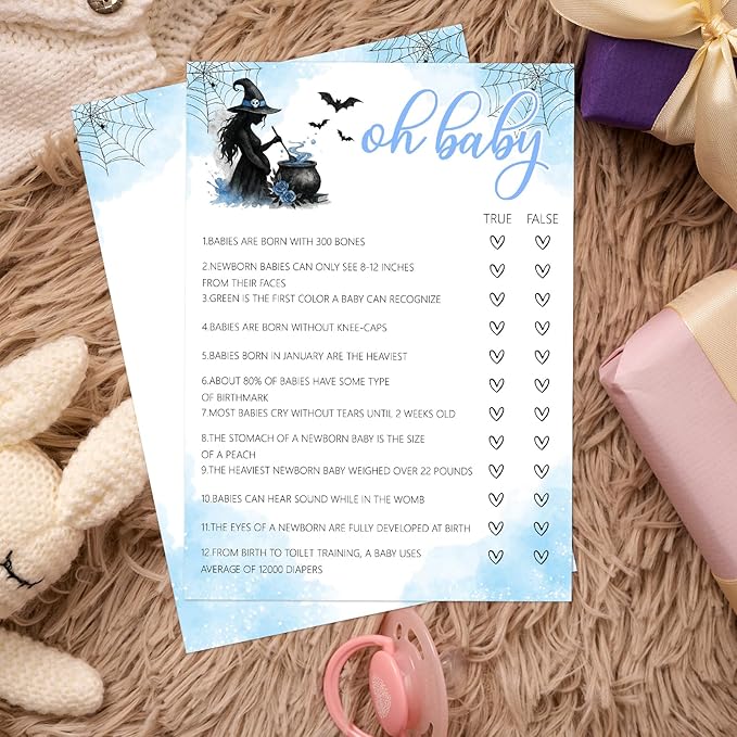 Hilarious Baby Shower Games, 25 Sets Halloween Oh Baby True or False + Answer Card, Blue Witch Gender Reveal Game Cards for Party Announcement Supplies - B06