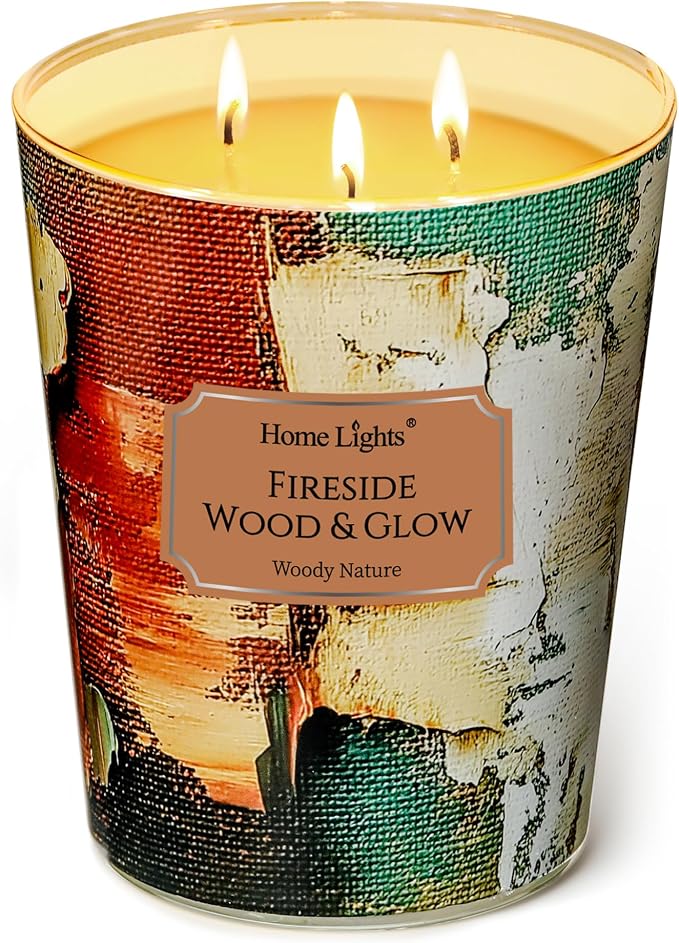 HomeLights 3-Wick Candles for Home Scented - 34oz Soy Wax Blend Candle Long-Lasting Fragrance, Industrial Chic Home Decor and Housewarming Gifts, Fireside Wood & Glow