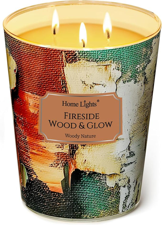 HomeLights 3-Wick Candles for Home Scented - 34oz Soy Wax Blend Candle Long-Lasting Fragrance, Industrial Chic Home Decor and Housewarming Gifts, Fireside Wood & Glow