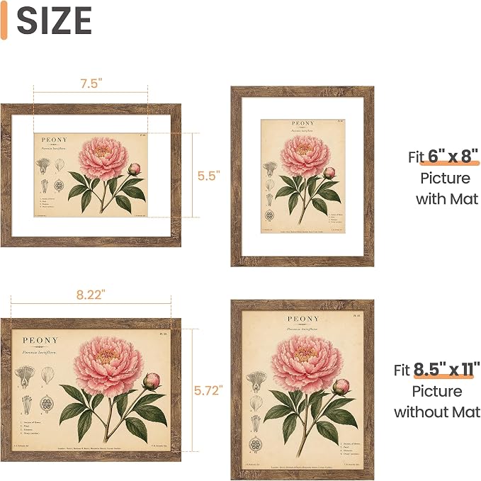 upsimples 8.5 By 11 Picture Frame, Display Pictures 6x8 with Mat or 8.5 x 11 Without, Wall Hanging Photo Frames, Rustic Brown, 1 Pack