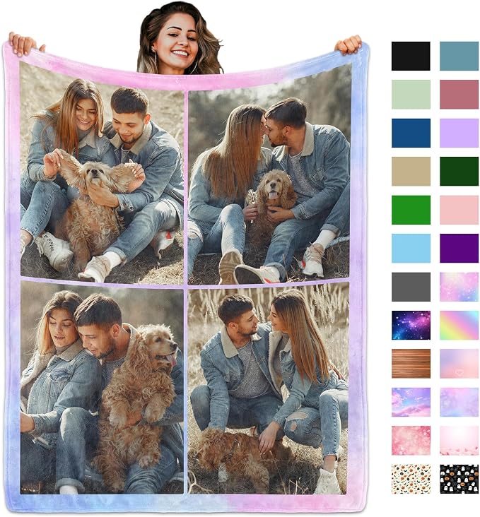 Custom Blanket with Picture Text, Personalized 4 Photo Blanket, HD Printing Customized Flannel Throw Blanket Gifts for Mom Dad Couple Girlfriend Boyfriend Wife Husband Christmas