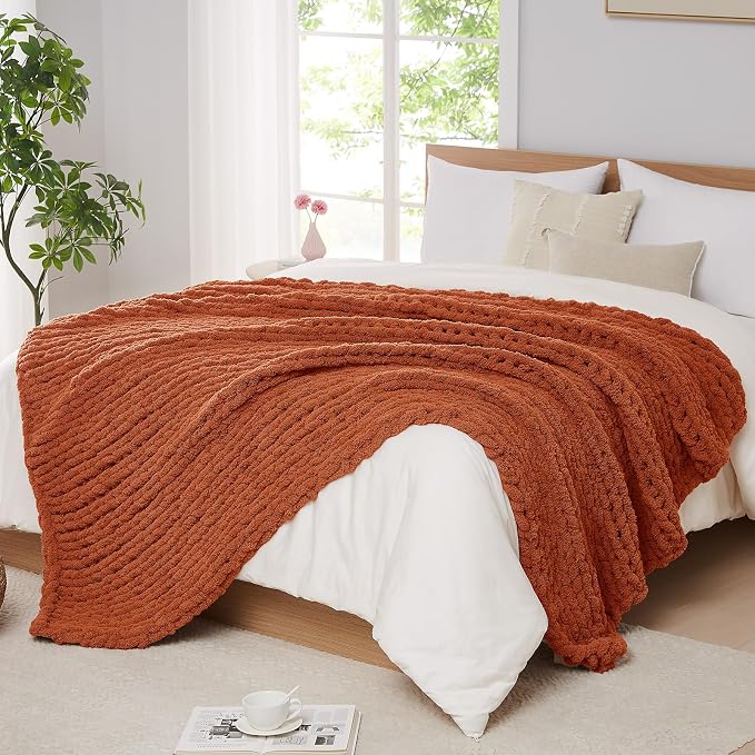 L'AGRATY Chunky Knit Throw Blanket for Couch, 80 x 90 Inches, Rusty Orange | Handmade Chenille Crochet Blanket for Sofa Bed, Thick Cable Knitted Blankets for Room Home Decor, Birthday Gift for Women Mom