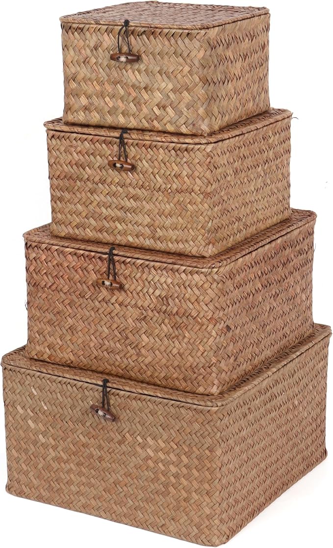 Moosky Wicker Shelf Baskets with Lid, Handwoven Seagrass Storage Basket Bins Square Gift Boxes for Shelves Home Decor Organizer (Coffee, Small)