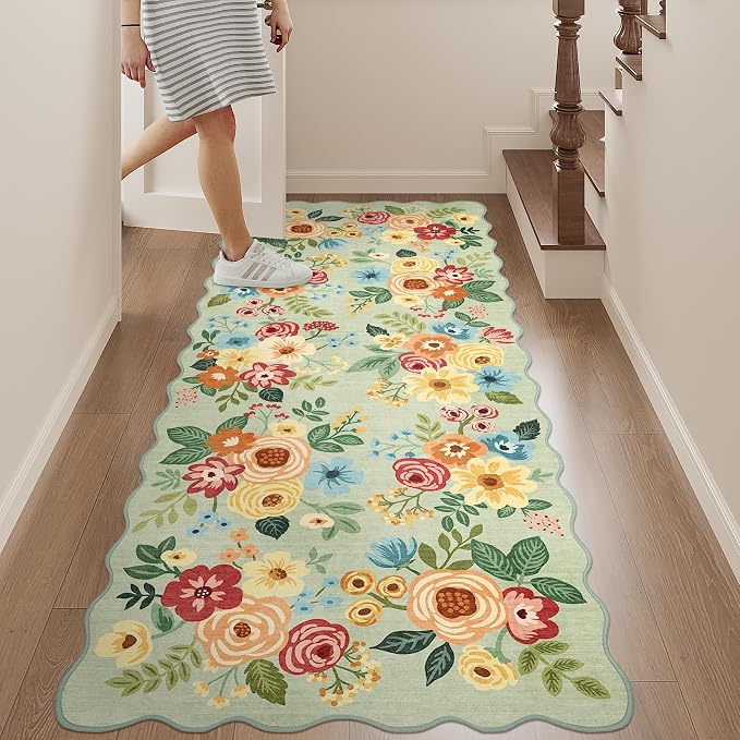 DUKINO 2x5 Washable Runner Rug, Floral Non Slip Rug for Kitchen, Green | Soft, Low Pile, Non-Shedding Throw Rug Runner for Hallway, Entryway, Bedroom, Bathroom, Pet Friendly, Home Decor, Lightweight