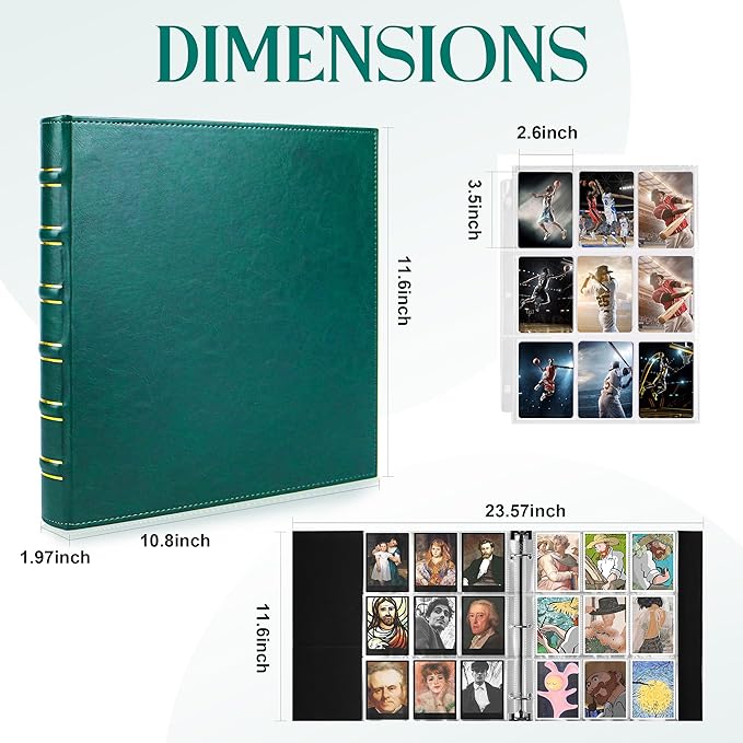 WOT I Vintage Leather Card Binder | Holds 540 Cards, Refillable Leather 3 Ring Binder for MTG/TCG/Sports Cards, Elegant Book-Style Organizer - Dark Green