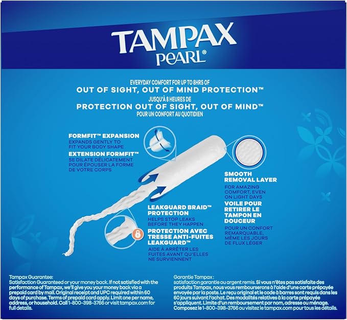 Tampax Pearl Tampons for Women, with LeakGuard Braid, Super Absorbency, Unscented, 36 Count