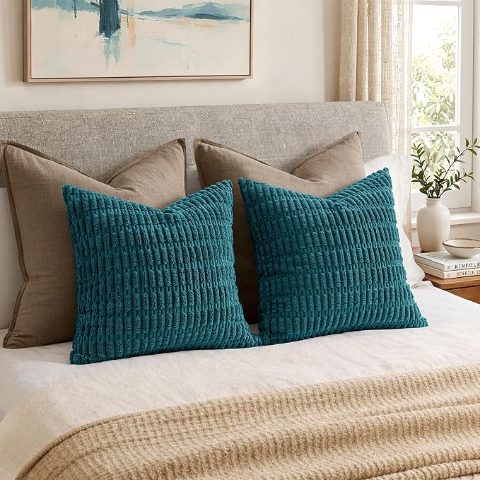 MIULEE Corduroy Decorative Throw Pillow Covers 20x20 Teal Pack of 2 | Soft Boho Striped Pillow Covers Modern Farmhouse Coastal Home Decor For Sofa Living Room Couch Bed