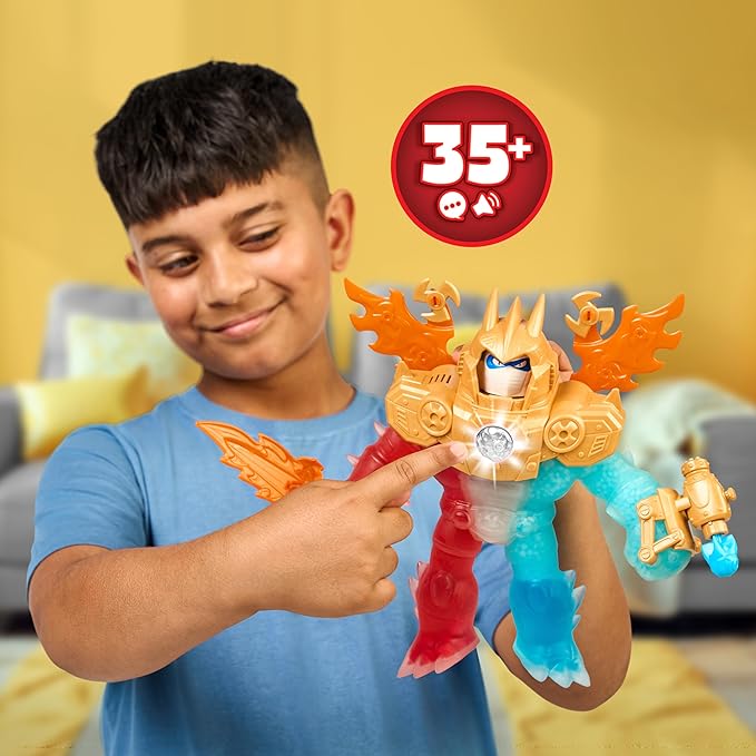 Heroes of Goo Jit Zu Goo-Tron Supreme Combines The Power of Blazagon, Pantaro & Thrash in 1 Ultimate Hero, with 3 Different Goo Fillings, 35+ Phrases & Lights, Face Swap & Triple Attack Feature
