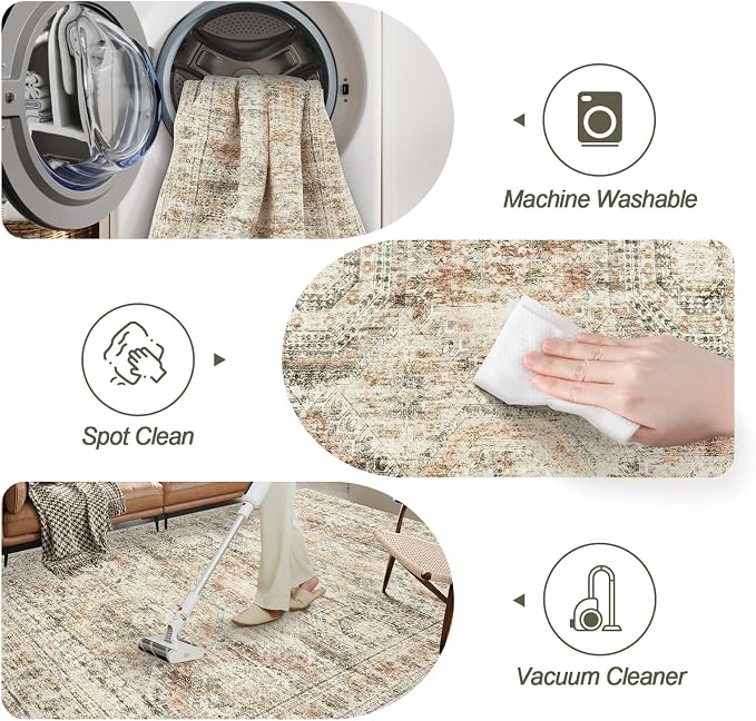Soalmost Washable Area Rug 8x10 Large Soft Living Room Rugs Brown/Pink | Vintage Non-Slip Carpet for Dining Bedroom, Stain Resistant Low Pile Foldable Lightweight Floor Mat Under Table Home Decor