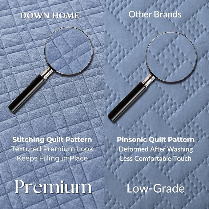 DOWN HOME King Quilt Set with Shams Lightweight Quilted Bedspread Coverlet Thin Comforter Bed Cover Vintage Washed Quilted Blanket for All Season, Brushed Microfiber Diamond Stitching, Blue, 104"x92"