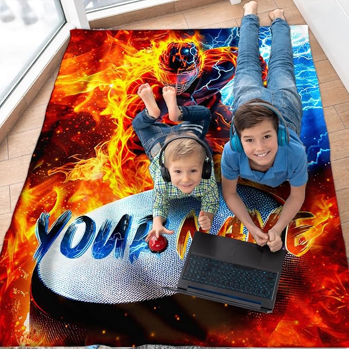 Boys Personalized Blanket Gift Ice Hockey Throw Blankets for Kids, 40x50 Inches Soft Lightweight Custom Sport Throw for Sofa Couch Bed Home Decor