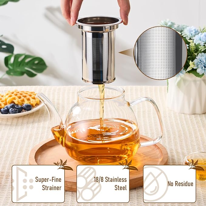 PARACITY Glass Teapot Stovetop 34 OZ, Borosilicate Clear Tea Kettle with Removable 18/8 Stainless Steel Infuser, Teapot Blooming and Loose Leaf Tea Maker Tea Brewer for Camping, Travel