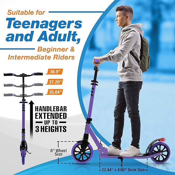 SereneLife Two Wheel Scooter for Teens, Smooth Gliding Kick Scooter for Adults w/Adjustable Height for Ages 8+, Portable All Terrain Scooter w/Carry Straps, Easy to Fold