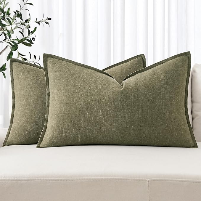 MIULEE Decorative Linen Lumbar Pillow Covers 12x20 Inch Light Olive Green | Boho Farmhouse Neutral Couch Throw Pillows for Bed, Pack of 2 Accent Modern Pillowcases, Sofa Livingroom Home Decor
