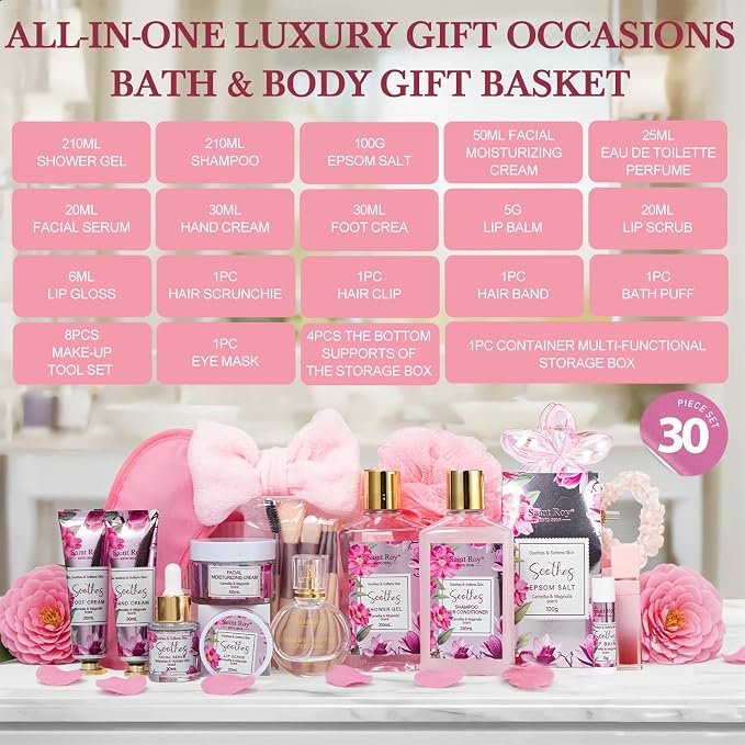 27 Pcs Spa Day Gifts Basket for Women, Camellia Magnolia Bath and Body Gift | Facial Skin Care Set, Self Care Pampering Kit, Face Serum, Lip Care, Home Spa, Birthday Mother Day, Bridal Shower Beauty Care