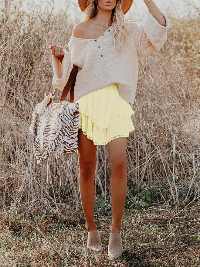 Flowy Shorts for Women Casual Boho Ruffle Tiered Skorts High Waist Mini Skirts Golf Tennis Crochet Shorts