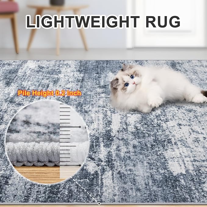 Area Rugs 9x12 Living Room - Washable Rug Modern Abstract Soft Large Neutral Non-Slip Carpet Indoor Floor Thin Carpets for Bedroom Dining Room Farmhouse Nursery Home Office Grey Blue