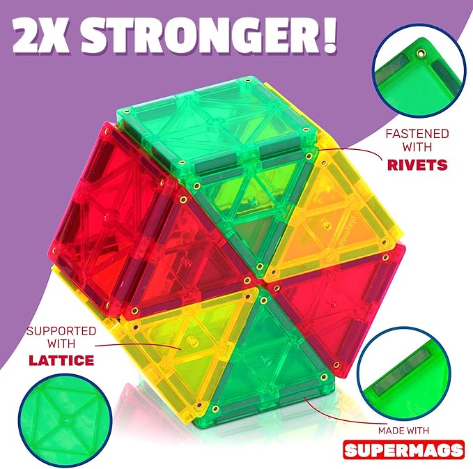 Playmags Magnetic Tiles Building Set 56 Pcs Set with Car - Super Durable Magnet Blocks, STEM Development Kids Building Toys for Boys Girls & Toddlers