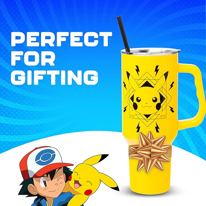 Silver Buffalo Pokémon Lightning Double Walled Stainless Steel Tumbler with Handle Featuring Pikachu, Fits in Standard Cup Holder, 40 Ounces