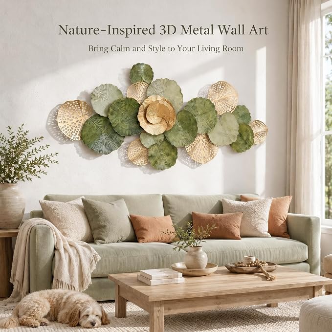 Axioglo 67" Large Wall Decor 3D Lotus Leaf Metal Wall Art for Living Room | 67" x31" metal wall decor with layered metal texture, mounting hardware, two-way display