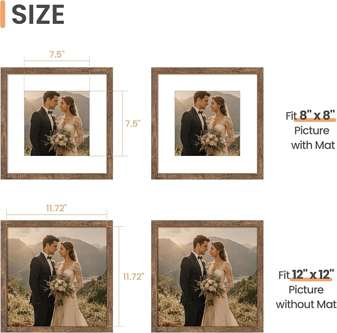 upsimples 12x12 Picture Frame, Display Pictures 8x8 with Mat or 12x12 Without Mat, Wall Hanging Photo Frame, Rustic brown, 1 Pack